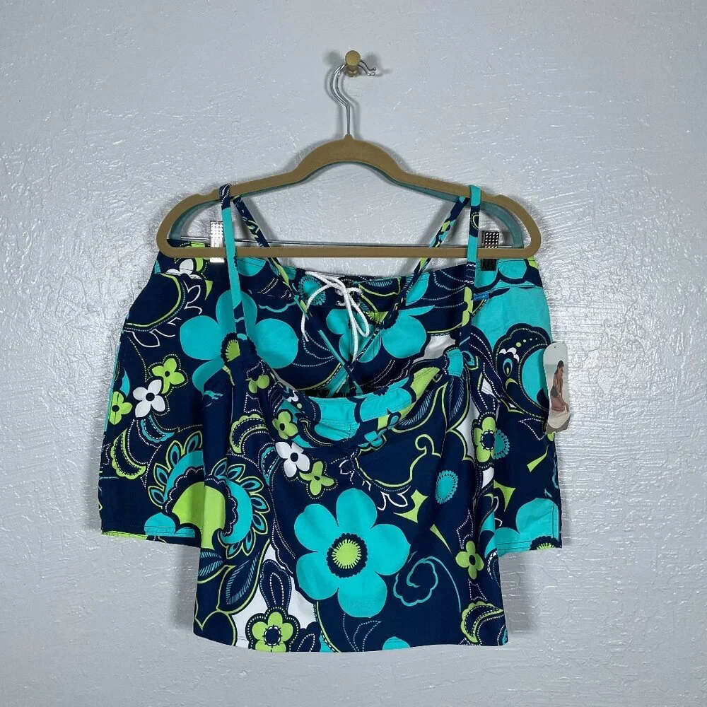 Vintage Catalina Girls XL Blue Green Floral Board Short Tankini Set Coconut Girl